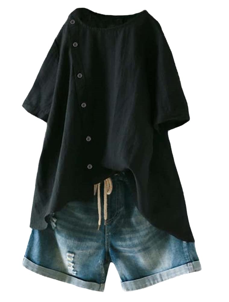 Minibee بلوزة نسائية من الكتان من ميني بي بأكمام قصيرة مع زينة أزرار باللون الأسود 2XL - Image 1